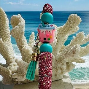 Whimsical Pink Glitter Pen with Ice Cream Charm and Tassel - NWOT